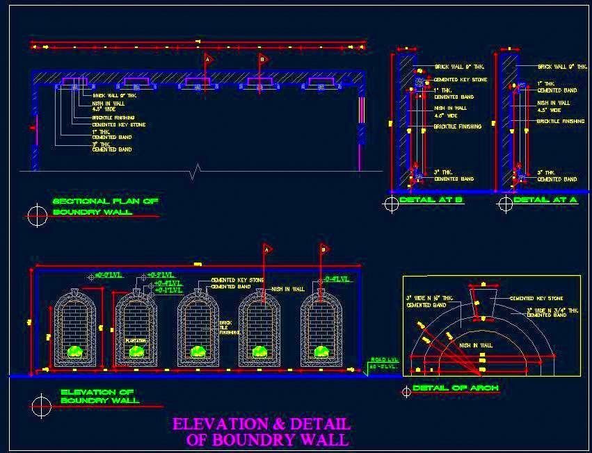 Boundary Wall DWG Detail with Cement Arch and Brick Tile